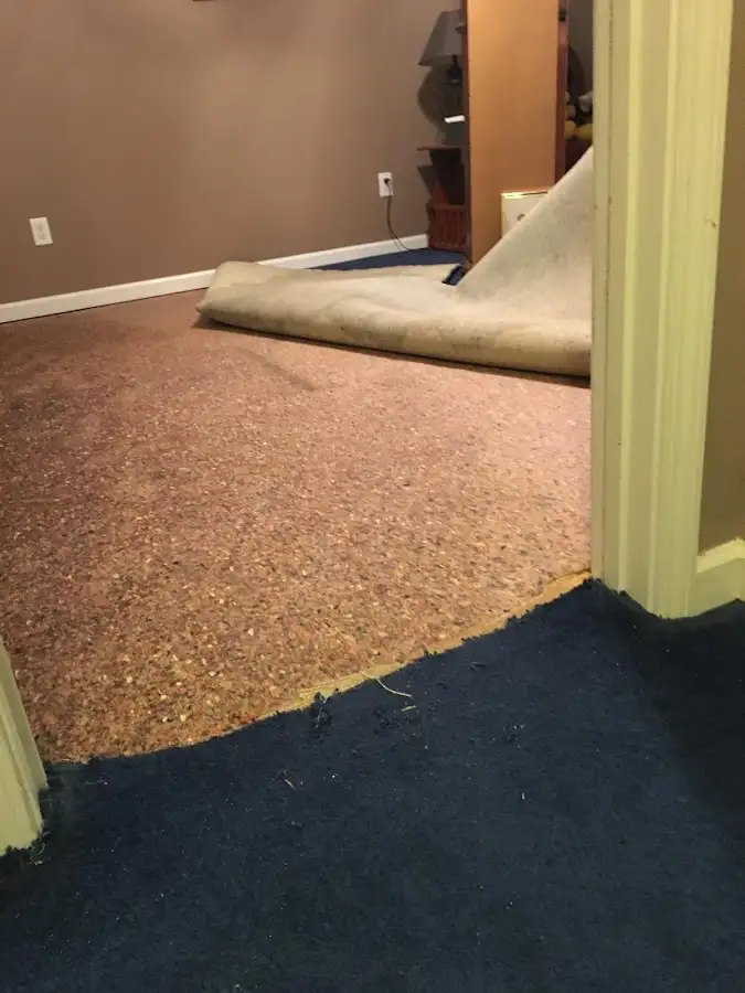 Carpet pad removal revealing water damage during Drying & Dehumidification in Alabaster